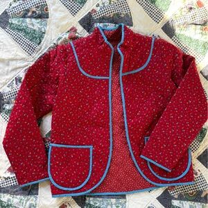 Vintage Red Quilted Jacket with Blue Piping